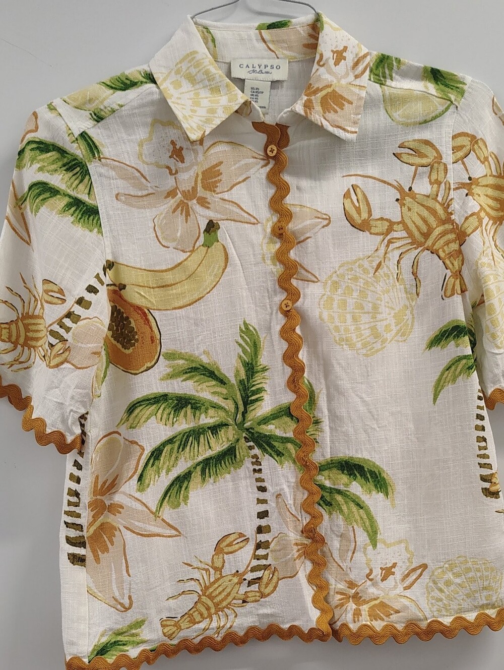 Calypso St. Barth White Tropical Print Button-Front Top with Green Palm Motif